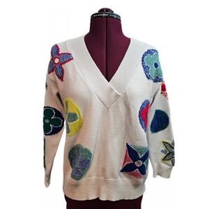 Multicolor Flower Patterned V-Neck Knit Sweater